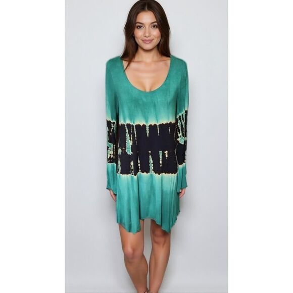 The Pyramid Collection Green High Low Tunic Dress Large L Long Sleeve Tie Dye - Picture 1 of 8